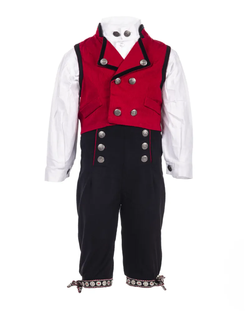 Festdrakt til gutt med rød vest og sort bukse